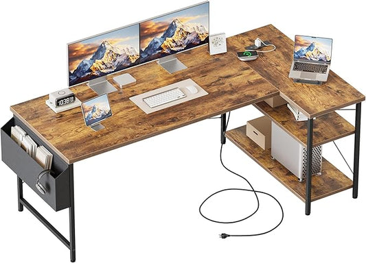 Mericonia Small L Shaped Computer Desk with Power Outlets, Reversible Gaming Desk with Storage Shelves, Corner Gamer Desk Table, Study Writing Table