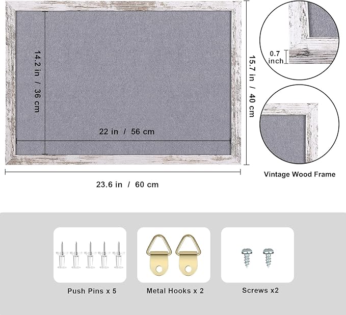 Gray Felt Bulletin Board, 23.6x15.7 inches Decorative Hanging Bulletin Boards for Walls with White Rustic Wood Frame, Pin Board Vision Board for Office Home School with Pins (4060,WH,1pc)