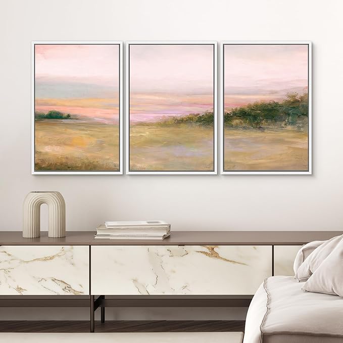 SIGNWIN Framed Canvas Print Wall Art Set Blush Sunset Over Meadow Illustrations Decorative Relax/Calm Zen for Living Room, Bedroom, Office - 24"x36"x3 WHITE