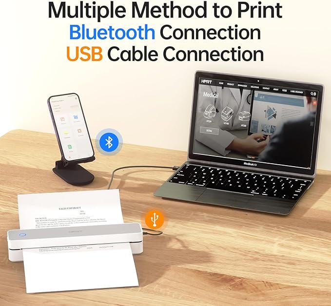 HPRT Portable Printer Wireless for Travel, Bluethooth Inkless Thermal Printer Support for 8.5"x11" US Letter, Compatible with iOS, Android, Laptop for Office and Home, White-Grey
