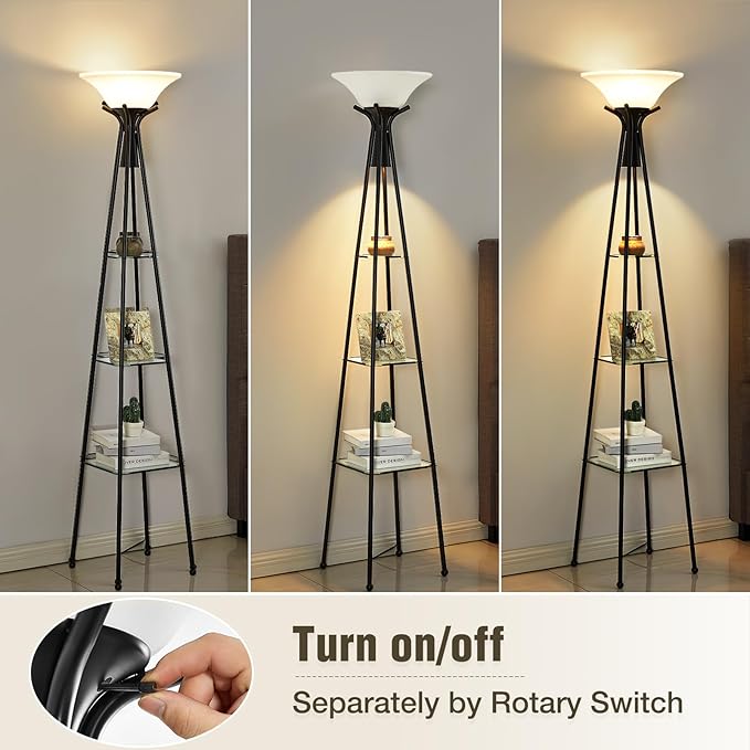 Luvkczc Floor Lamp with Shelves, 69” Tall Torchiere Floor Lamps for Living Room, 3-Tier Glass Shelf Lamp, Black Standing Lamp with Plastic Shade, Adjustable Color Temperatures (Bulb Include)