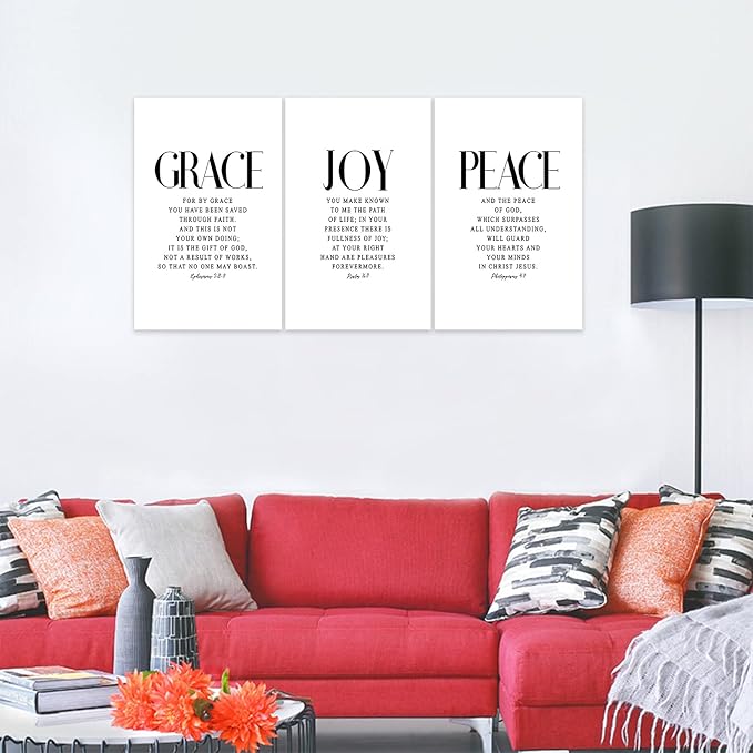 3 Piece Inspirational Wall Art White Motivational Mindset Picture, Quote "Grace Joy Peace" Canvas Print for Christian Gifts, Triptych Entrepreneur Poster Framed Artwork for Home Wall Decor(72"Wx36" H)