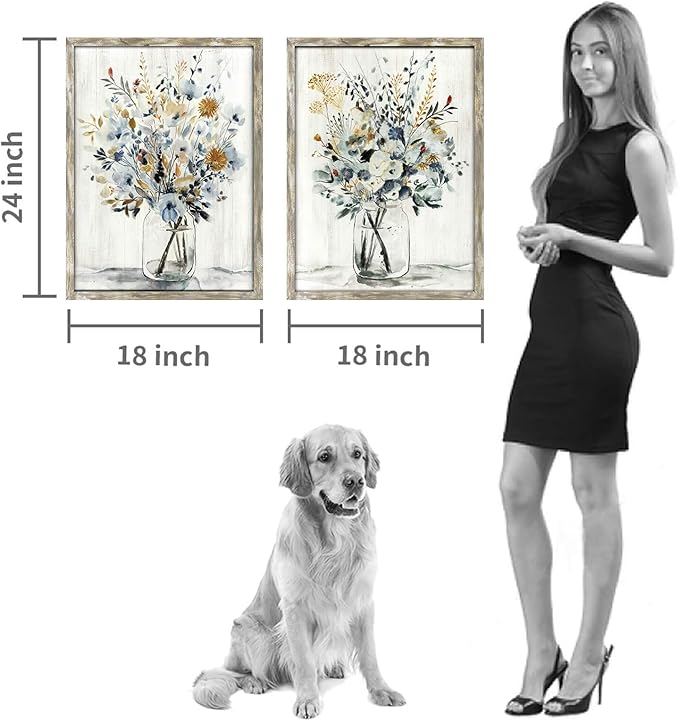Floral Picture Wall Art Painting: Blossom Bouquet Flowers Print on Rustic Wood and Handcrafted Wooden Framed Artwork for Home and Kitchen (18” x 24” x 2pcs)