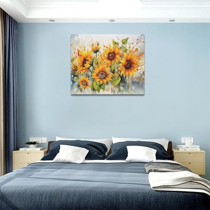 yerretin Sunflower Wall Art Watercolor Pictures Wall Decor Rustic Sunflower Canvas Farmhouse Print Artwork Home Decorations for Living Room Bedroom Bathroom Office Framed 20"x16"