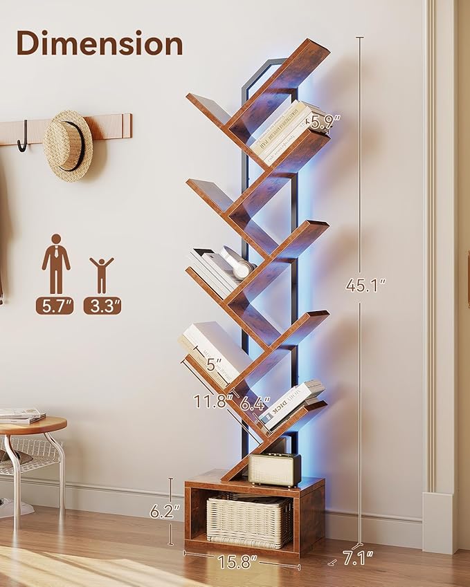 Casaottima Tree Bookshelf with LED Lights, 8-Tier Narrow Bookcase for Small Spaces, Tall Steel & Wood Storage Shelf with Cabinet, Home Decor & Organizer for Living Room/Bedroom/Home Office, Vintage