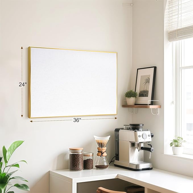 Linen Bulletin Board, 36"x24", White Cork Board for Wall, Gold Aluminum Frame, Upgraded Canvas Pinning Surface, 10 Push Pins, White