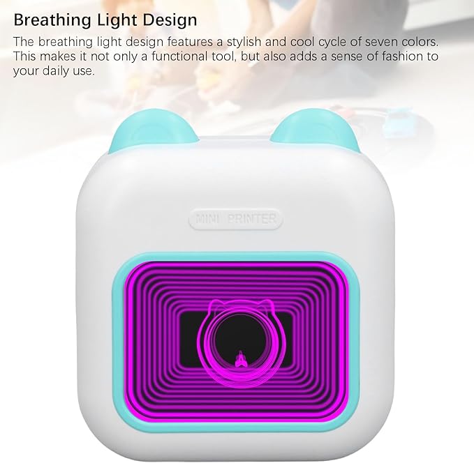 Thermal Label Printer, Mini Portable Inkless Printer with Bluetooth Connection & 7 Color Breathing Lights, Wireless Rechargeable Printing Devices for School Home Office