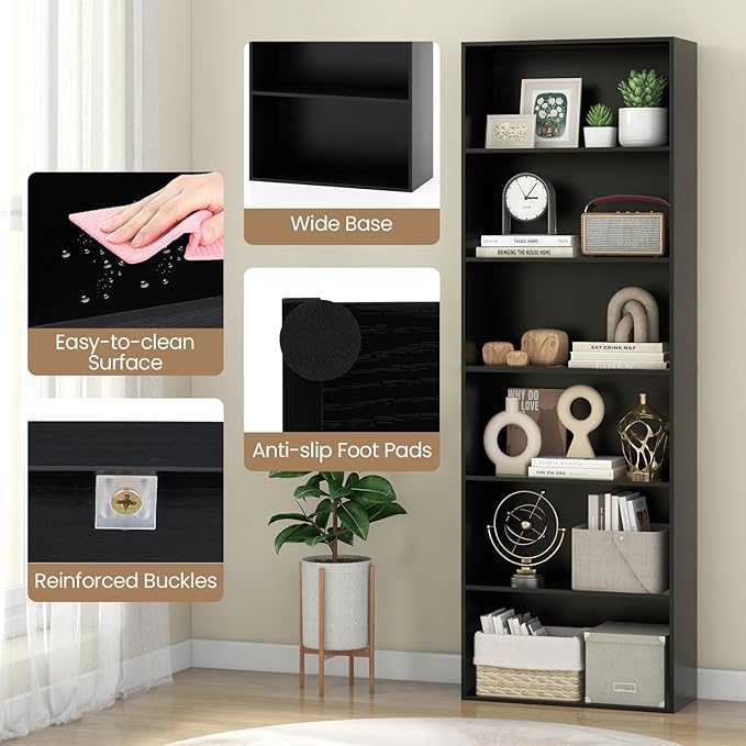 Giantex 6-Tier Bookcases Set of 2, 70" Tall Wooden Bookshelf, Freestanding Storage Organizer w/Open Shelves, Anti-Tipping Kits, Modern Floor Standing Display Shelves for Living Room, Bedroom, Black