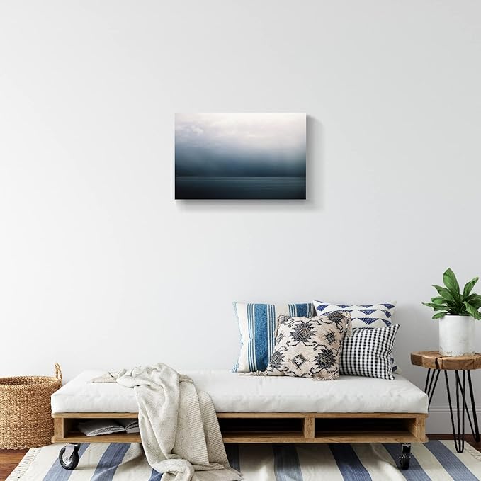 Large Canvas Wall Art Modern Abstract Art Paintings Green Mountains Blue Sea Under the Grey Sky Scenery Framed Artwork Pictures for Living Room Bedroom Hallway Wall Decor 24x16in