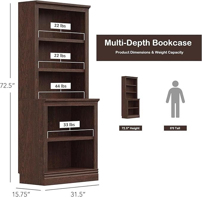 JAHRSTIM Halston Multi-Depth Bookcase, Adjustable Storage Open Display Shelving Unit for Home and Office Space, 31.5”L x 15.75”W x 72.8”H, Dark Cherry