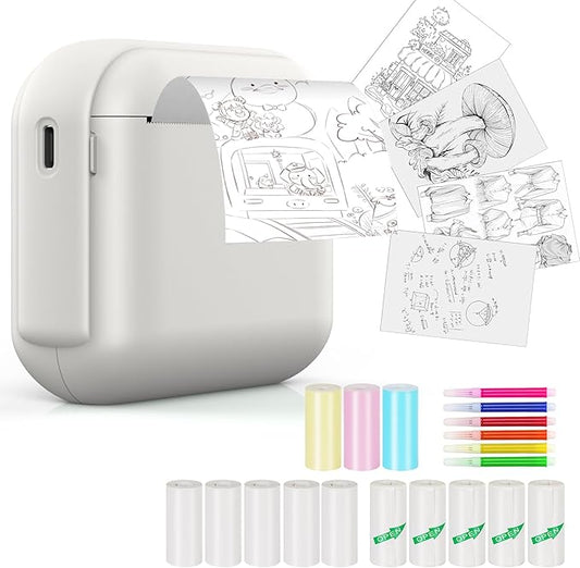 Print Pods Mini Sticker Printer Machine, Portable Bluetooth Thermal Printer with 13 Rolls Paper, Sticker Maker for Kids, Impresora Portátil for Notes, Journal, DIY, Gift, Home, School, Office