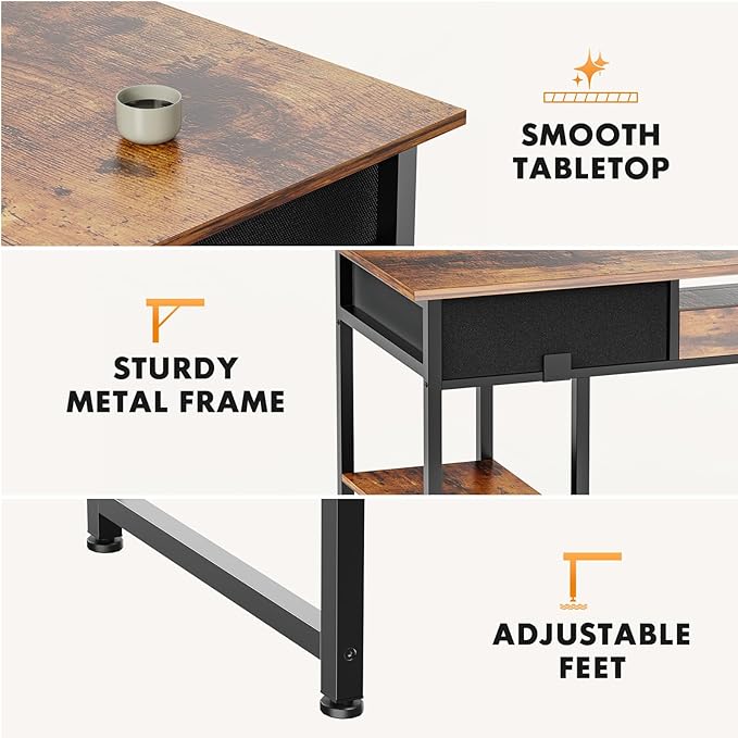 Sweetcrispy Computer Gaming Desk with Drawers & Storage Shelves - 48 Inch Bedroom Writing Study Home Office PC Table, Adjustable Feet, Rustic Brown