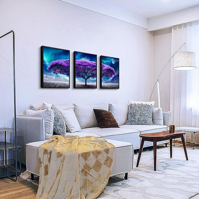 Lapremoly Black Framed Wall Art For Living Room Large Size Decor Bedroom Pictures Aurora Purple Tree Scenery Painting Office Modern Home Decorations Set Of 3 Piece Prints