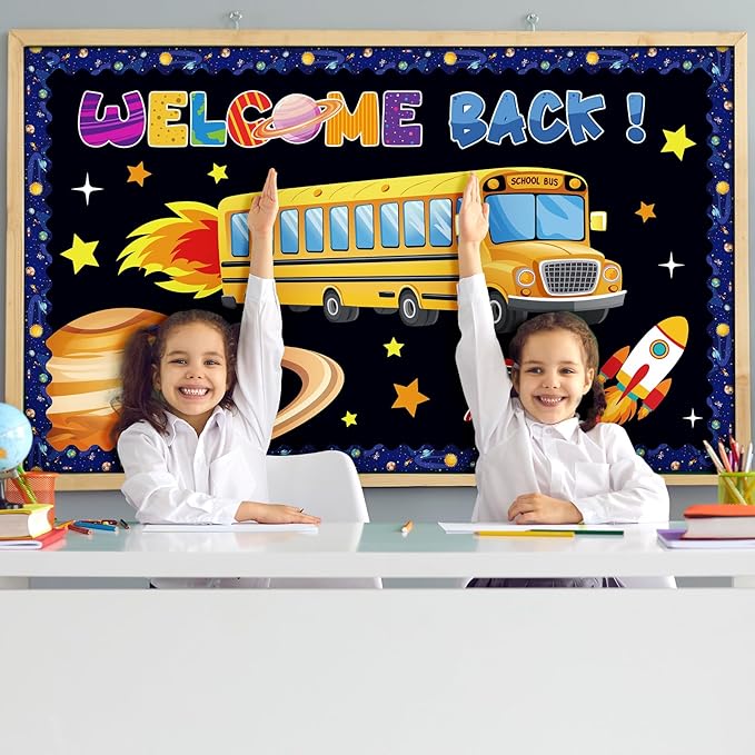 Pajean Outer Space Bulletin Board Welcome Back to School Classroom Decor Space Bus Galaxy Planet Cutouts for Back to School First Day Window Door Wall Elementary Preschool Teacher Supplies