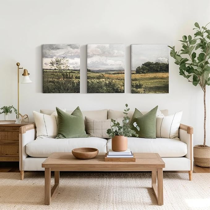 Vintage Bathroom Decor Wall Art Set of 3,Retro Country Wall Decor Field Landscape Wall Art Framed,Rustic Bathroom Wall Art Decor Moody Countryside Oil Paintings Pictures for Living Room Bedroom Office,12x16inch