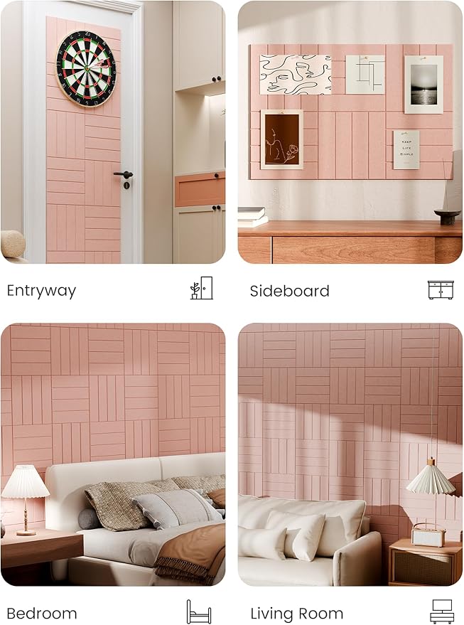 Bumusty Large Cork Board Alternative-36 x 24" Felt Bulletin Board Tiles, with 30 Pushpins, 40 Adhesive Tabs, 6-Pack Slat Wall Paneling, Cork Boards for Office Push Pin Board Felt Board-Pink