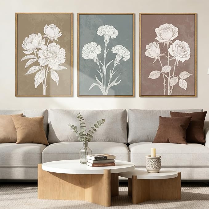 BINCUE Large Neutral Botanical Wall Art Rustic Floral Wall Decor Floral Painting 24x36 Inches Flower Print Flower Artwork Botanical Art Paintings for Living Room Bedroom Bathroom Dining Room Farmhouse Set of 3 Spring Plants Decor