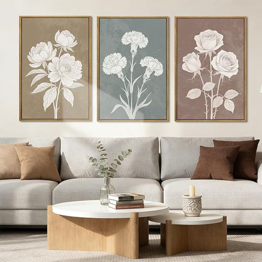 BINCUE Neutral Botanical Wall Art Rustic Floral Paintings Farmhouse Flower Artwork Vintage Plants Wall Decor Framed Flower Artwork Minimalist Floral Artprints for Living Room Bedroom Dining Room 16x24 Inches Set of 3