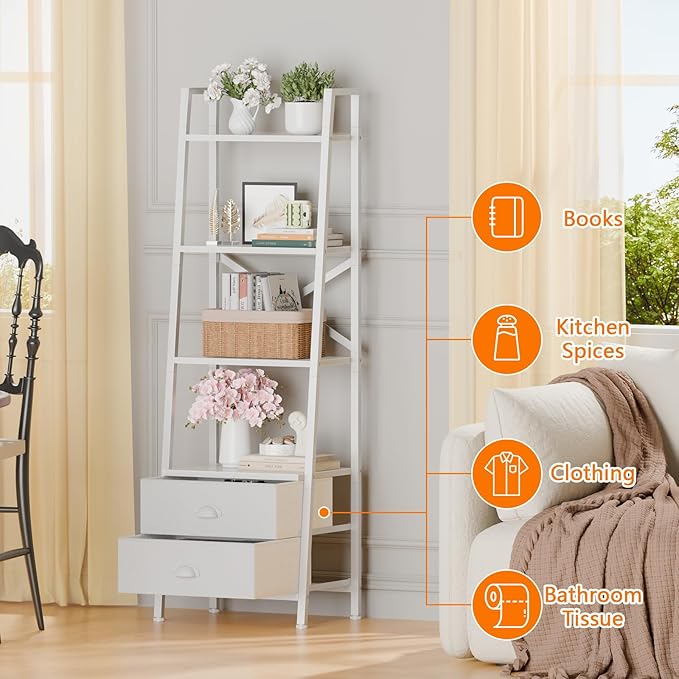 Furologee 4-Tier Ladder Shelf,Small Bookshelf with 2 Drawers,Vertical Bookcase Storage Rack Organizer,Display Bookshelves for Living Room,Bedroom,Bathroom,Home Office,Kitchen,White