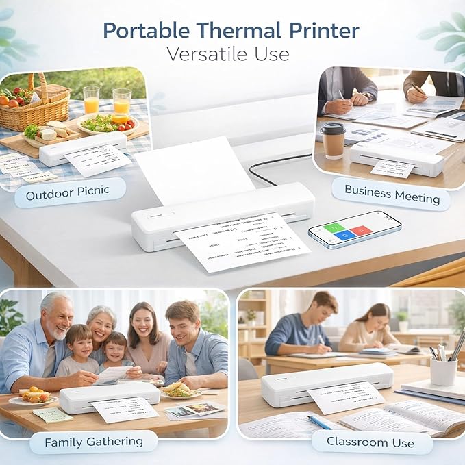 Thermal Printer Portable Inkless, 203dpi Resolution, Supports A4 A5 Paper - Fast Printing, USB C Compatible, Quiet Operation for Home and Office