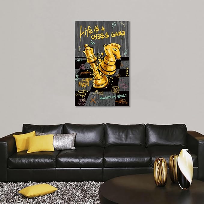 Inspirational Quotes Wall Art - Chess Pictures Wall Decor Motivational Canvas Print LIFE IS A CHESS GAME Positive Poster Modern Office Canvas Painting Black Gold Artwork Framed for Home, 28" x 44"