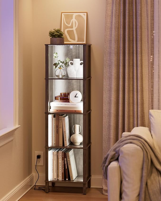 Book Shelf with LED Lights, Modern 4-Tier Bookcase, Open Storage Bookshelf, 11 × 14.2 × 50.4 Inches, Small Narrow Bookshelves for Living Room, Home Office, Bedroom, Gray