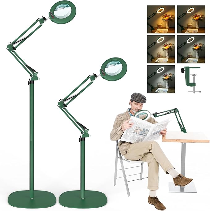 10X Magnifying Glass with Light and Stand, Real Glass Lens (Not Acrylic), 5 Color Modes, Stepless Dimmable, LED 3-in-1 Floor Lamp, Swing Arm with Clamp, Lighted Magnifier Hands Free for Crafts - Green