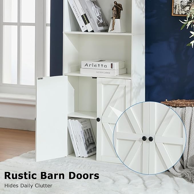 Bookshelves and Bookcases with Barn Doors, Farmhouse Bookshelf with Display Shelves, Floor Standing 5-Tier Book Shelf with Storage Cabinet for Home Office, Living Room, Bedroom, White