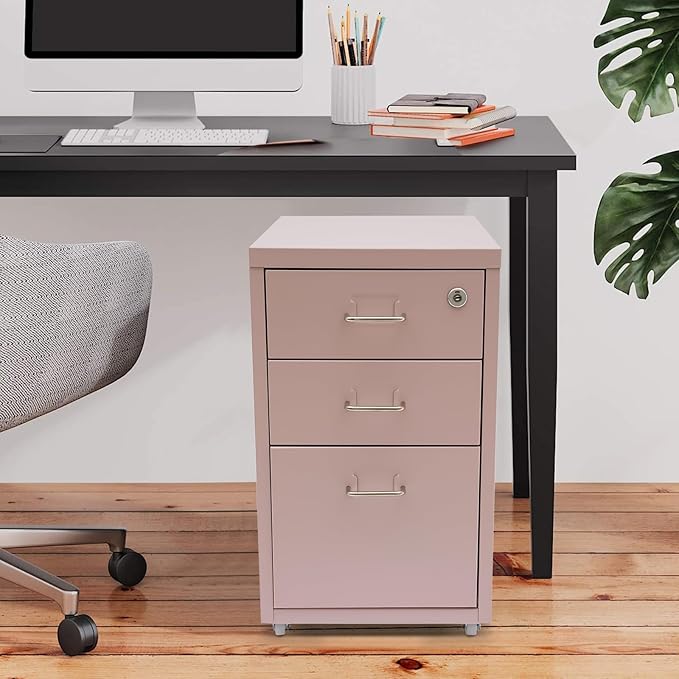 3 Drawer Metal Storage Cabinet, Filing Cabinets for Home Office, Rolling Narrow File Cabinet, Literature Organizer, Home Printer Stands, Mobile File Cabinet w/ Lock for Office, Study, Dresser (Pink)