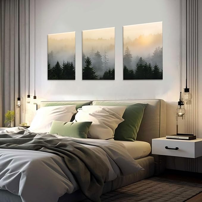Bwodke Canvas Wall Art Mountain Framed Wall Art Set of 3 Nature Landscape Picture Decor Forest Prints Artwork Painting for Living Room Bedroom Office 12"x16"