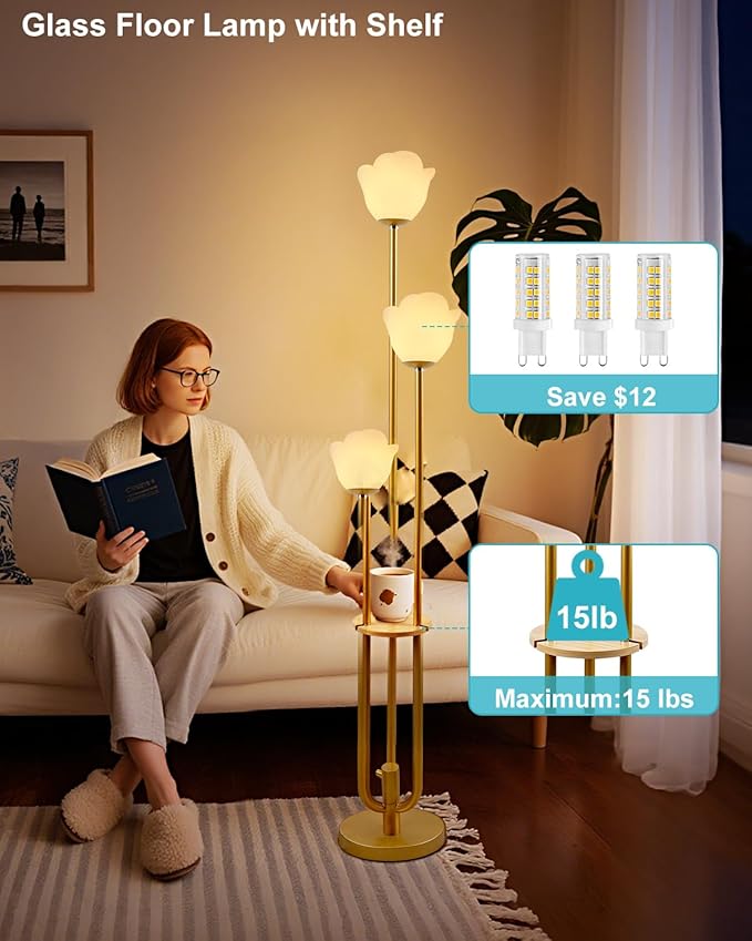 Lightdot 63IN Floral Floor Lamp 3-Lights Flower LED Floor Lamps with 3000K Warm White Bulbs Included for Wedding Party Modern Gold Tall Floor Lamp for Living Room/Bedroom/Sofa Beside/Corner Decor