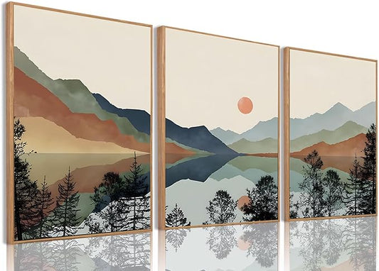 Bwodke Framed Wall Art Canvas Mountain Wall Art Set of 3 Boho Watercolor Nature Landscape Picture Decor Sun Forest Prints Artwork for Living Room Bedroom Office 16"x24"