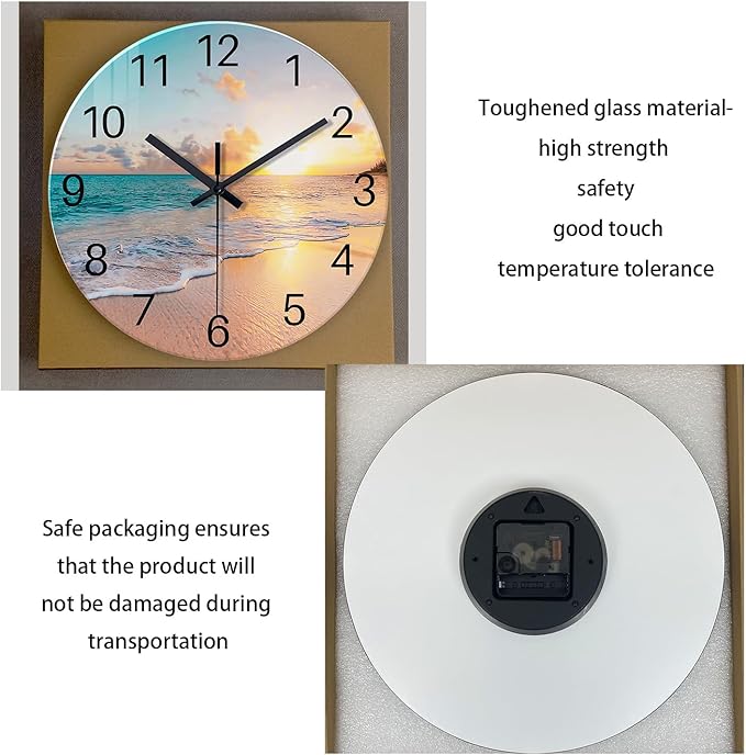 Blue Wall Clock Silent Glass Beach Wall Clock for Living Room Large Wall Clocks Battery Operated 20 Inch