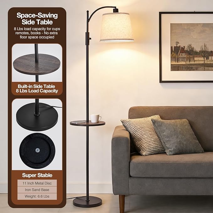 AIDENOEY Smart Floor Lamp with Side Table | Stepless Dimming, RGB Multi-Color | Adjustable Swivel Head | Voice Control with Alexa & Google Assistant |Black Lamp for Living Room,Bedroom,Home Office