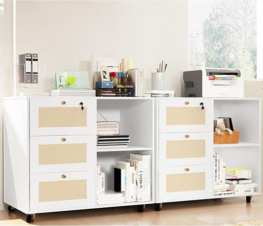 AWQM 2pcs Wood File Cabinet with Lock,3 Drawer Mobile Office Storage Cabinet with 2 Open Shelves,Printer Stand with Storage Lateral Filing Cabinet Printer Cabinet for Home Office,White