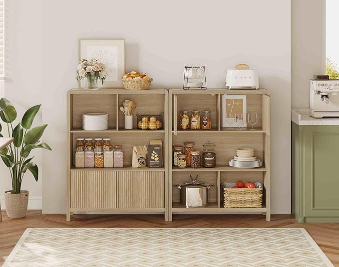 FATORRI Cube Bookshelf with 2 Doors, Wood Bookcase with Storage, Modern 5 Cubby Book Shelf for Home Office Living Room (Light Walnut)