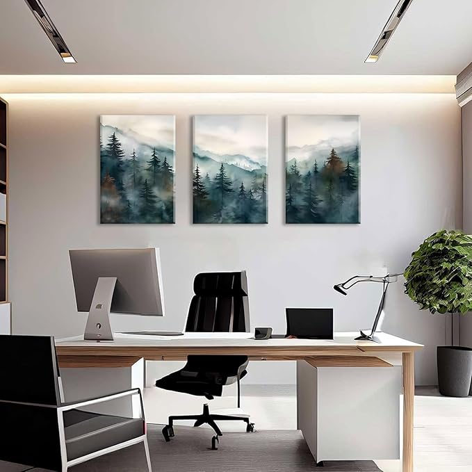 Bwodke Canvas Wall Art Mountain Framed Wall Art Set of 3 Boho Nature Landscape Picture Decor Pine Forest Prints Artwork Painting for Living Room Bedroom Office 16"x24"