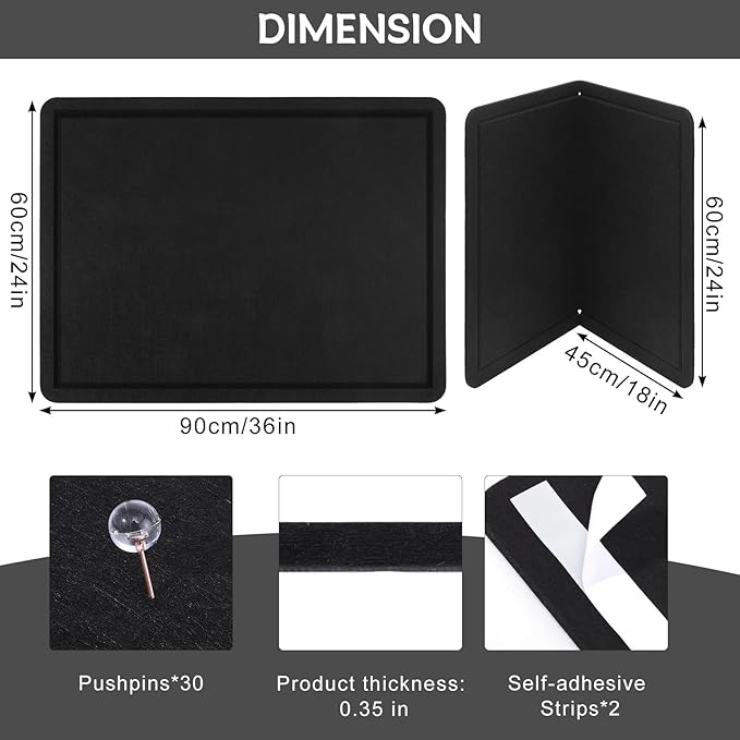 Bulletin Board, 24" x 18" Foldable Cork Board Felt Pin Boards with 35 Pushpins Self-Adhesive Photo Decorative Felt Boards for Walls, Office, School, Classroom, Home, Bedroom - Black