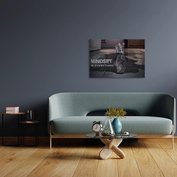 Motivational Canvas Wall Art Mindset is Everything Posters Prints Cat Big Tiger Inspirational Quote Painting for Office Bedroom Decor (24" W x 36" H)