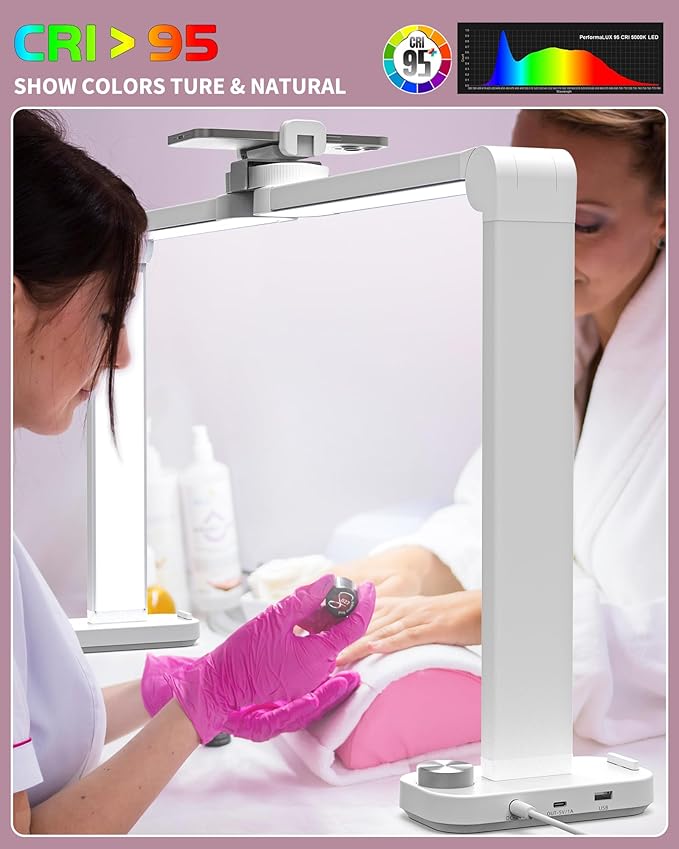 Nail Desk Lamp for Nail Tech, Foldable 34in 48W Half Moon Light with Phone Holder and USB Charging Port, 3 Color Temperature Dimmable LED Desk Light (White)