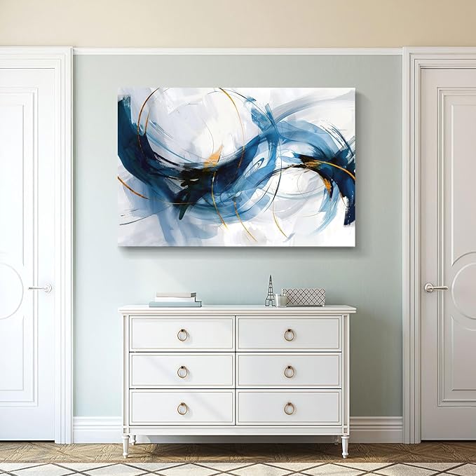gaosoul Modern Abstract Canvas Wall Art Vibrant Blue Gold Lines Doodled on White Background Paintings Stylish Framed Minimalism Artwork Prints for Living Room Bedroom Office Decor 48x32in