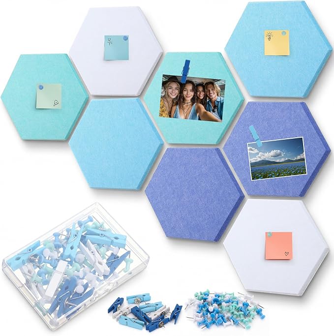8 Pcs 12" Large Hexagon Felt Cork Bulletin Board Tiles Self Adhesive DIY Pin Board with 50 Push Pins and 10 Colored Clips, Wall Decor for Office Home Kitchen Photos Memos(Blue)