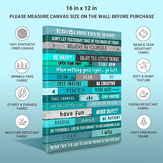 Inspirational Wall Art Framed Canvas 12 x 16 in (Teal) - Motivational Positive Quotes Rustic Wall Arts Decor for Home Office Bathroom Bedroom Kitchen Classroom Gym