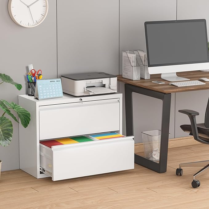 Pataku Lateral File Cabinet, 2 Drawer File Cabinet with Lock, White Filing Cabinets for Home Office, Metal File Cabinet for Hanging Files/Letters/Legal/A4(2Drawer/White)