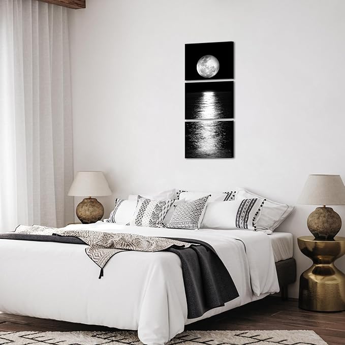 Artmyharbor Full Moon Phase Canvas Wall Art Vertical Black and White Picture Moon on Sea Print Modern Bedroom Decorations Cool Apartment Decor for Men
