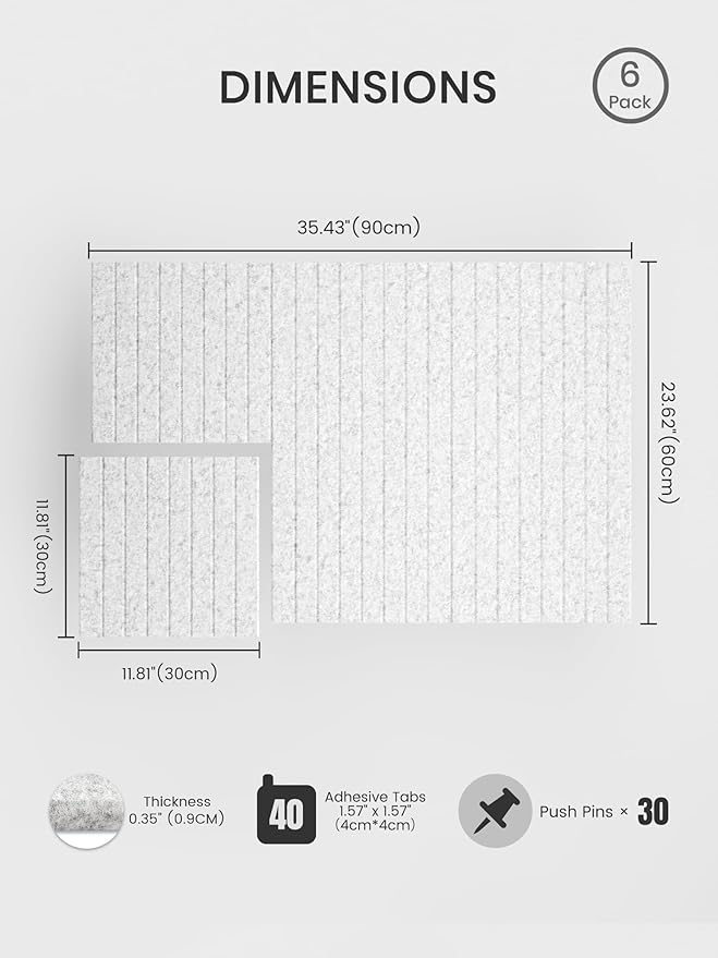 Bumusty Large Cork Board Alternative-36 x 24" Felt Bulletin Board Tiles, with 30 Pushpins, 40 Adhesive Tabs, 6-Pack Slat Wall Paneling, Cork Boards for Office Push Pin Board Felt Board-Light Gray