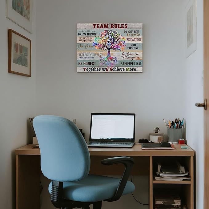 Inspirational Team Rules Wall Art for Office Decor Motivation Positive Quotes Canvas Prints Rustic Farmhouse Teamwork Artwork Framed Painting for Home Workplace 16x12inch Colleagues Coworker Gifts