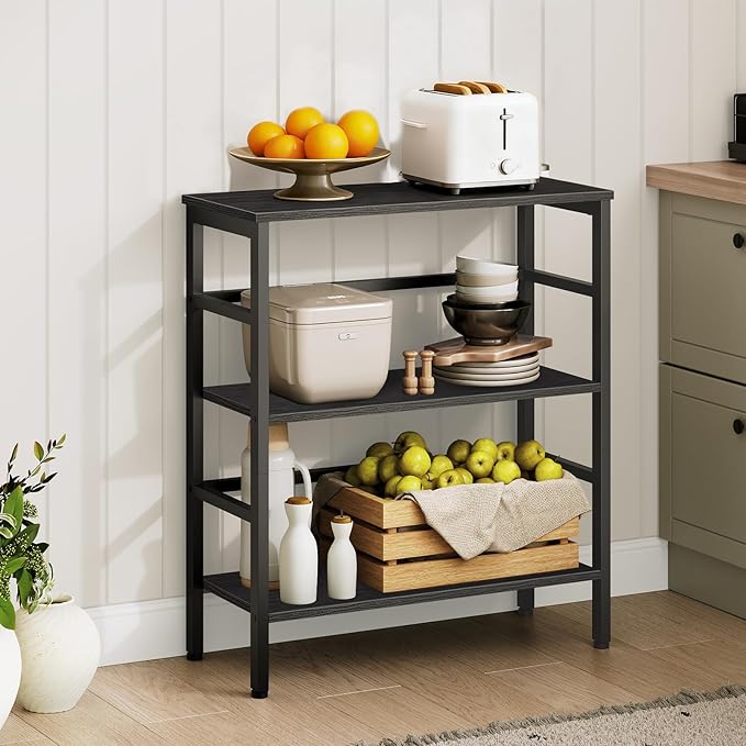 HOOBRO 3 Tier Bookshelf, Industrial Bookcase, Record Storage Rack with Side Fence, Wood Storage Shelf with Metal Frame, Rustic Open Display Shelf for Living Room, Bedroom, Black BB86CJ01G1