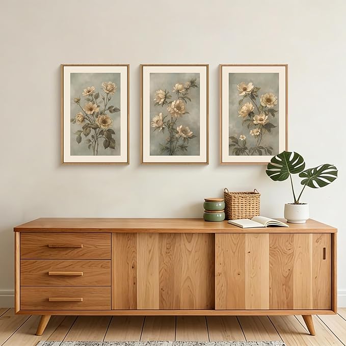 KAIRNE Vintage Botanical Flower Wall Art Set of 3, Modern Boho Floral Framed Canvas Art,Mid Century Nature Wildflower Wall Decor, Green, Beige for Living Room, Bedroom, Farmhouse, Office 24x36 Inch