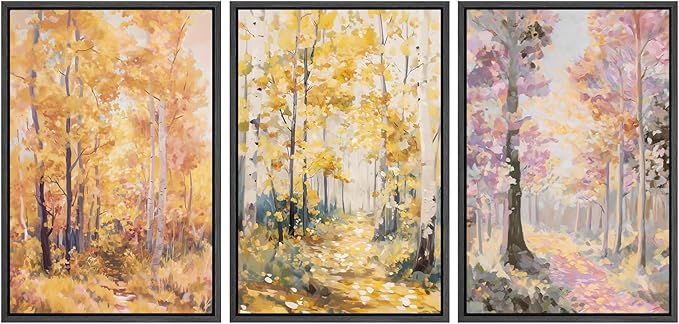 SIGNWIN Framed Canvas Print Wall Art Set Golden Autumn Forest Watercolor Woodland Path Illustrations Modern Art Decorative Abstract for Living Room, Bedroom, Office - 16"x24"x3 Black